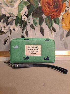Sloane Ranger Windsor Whale Green Blue Zip-Around Wristlet Wallet Cotton Canvas